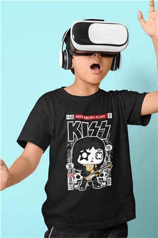 Kiss Baskılı Unisex Siyah Çocuk Tişört