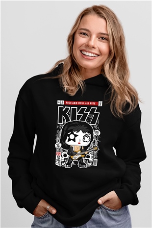 Kiss Baskılı Unisex Siyah Hoodie