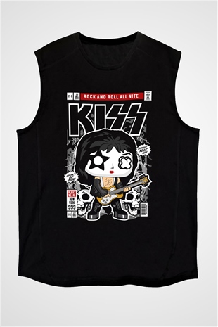 Kiss Baskılı Unisex Siyah Kolsuz Tişört