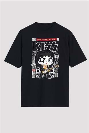 Kiss Baskılı Unisex Siyah Oversize Tişört