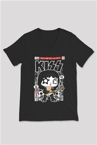 Kiss Baskılı Unisex Siyah V Yaka Tişört
