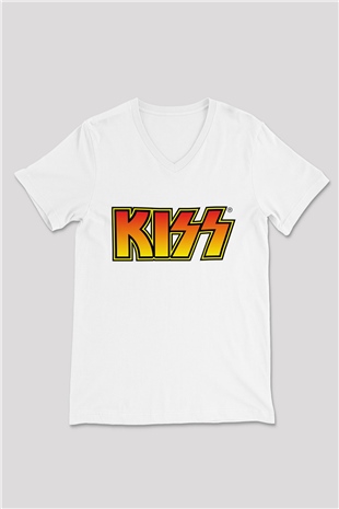 Kiss Beyaz Unisex V Yaka Tişört T-Shirt