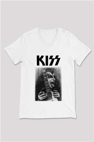 Kiss Beyaz Unisex V Yaka Tişört T-Shirt