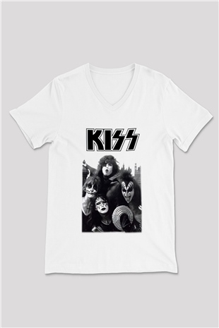 Kiss Beyaz Unisex V Yaka Tişört T-Shirt