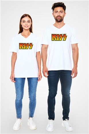 Kiss Beyaz Unisex V Yaka Tişört T-Shirt