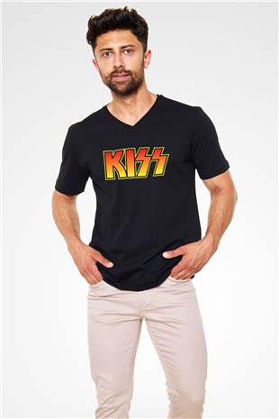Kiss Siyah Unisex V Yaka Tişört T-Shirt