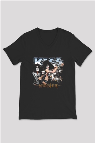 Kiss Siyah Unisex V Yaka Tişört T-Shirt