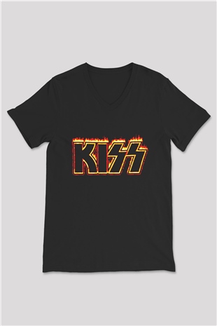 Kiss Siyah Unisex V Yaka Tişört T-Shirt