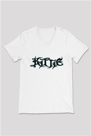 Kittie Baskılı Beyaz Unisex V Yaka Tişört - Tshirt