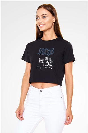 Kittie Baskılı Siyah Crop Top Kadın Tişört - Tshirt
