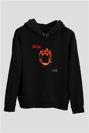 Kittie Baskılı Unisex Siyah Kapüşonlu Sweatshirt
