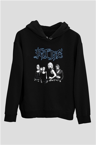 Kittie Baskılı Unisex Siyah Kapüşonlu Sweatshirt