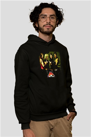 Kittie Baskılı Unisex Siyah Kapüşonlu Sweatshirt