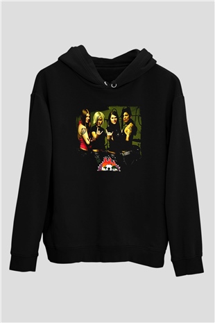 Kittie Baskılı Unisex Siyah Kapüşonlu Sweatshirt