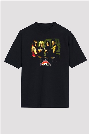 Kittie Baskılı Unisex Siyah Oversize Tişört - Tshirt