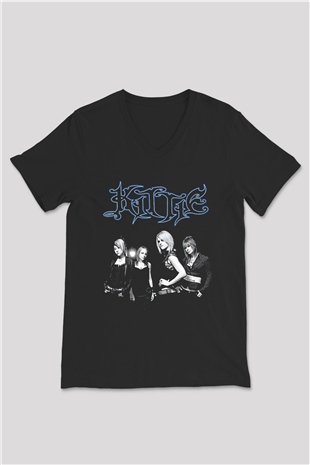 Kittie Baskılı Unisex Siyah V Yaka Tişört - Tshirt