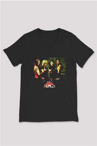 Kittie Baskılı Unisex Siyah V Yaka Tişört - Tshirt