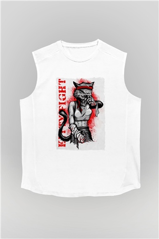 Kitty Fight Baskılı Unisex Beyaz  Kolsuz Tişört