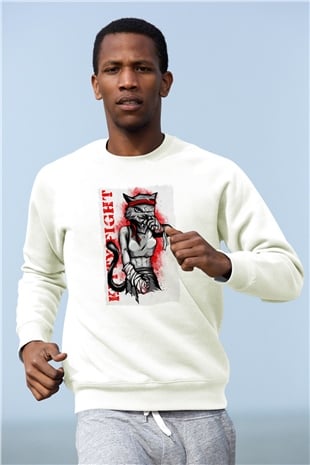 Kitty Fight Baskılı Unisex Beyaz  Sweatshirt