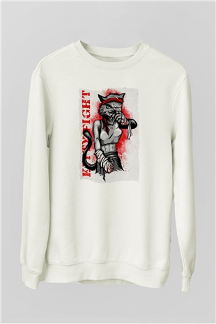 Kitty Fight Baskılı Unisex Beyaz  Sweatshirt