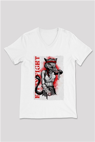 Kitty Fight Baskılı Unisex Beyaz  V Yaka Tişört