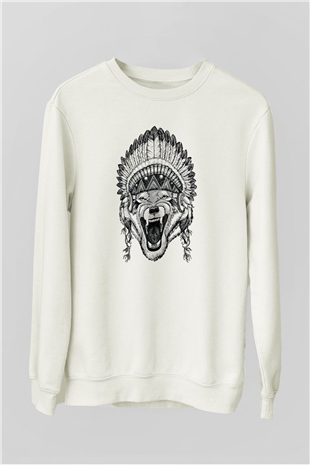 Kızılderili Kurt Baskılı Unisex Beyaz  Sweatshirt