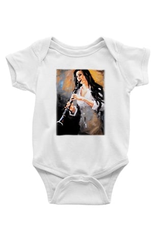Klarnetçi Baskılı Beyaz Unisex Bebek Body - Zıbın