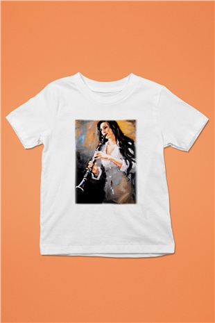 Klarnetçi Baskılı Beyaz Unisex Çocuk Tişört