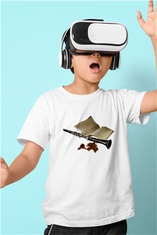 Klarnetçi Baskılı Beyaz Unisex Çocuk Tişört