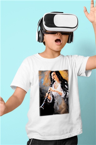 Klarnetçi Baskılı Beyaz Unisex Çocuk Tişört