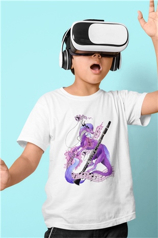 Klarnetçi Baskılı Beyaz Unisex Çocuk Tişört