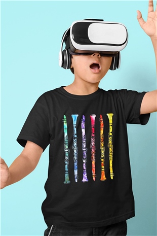Klarnetçi Baskılı Siyah Unisex Çocuk Tişört