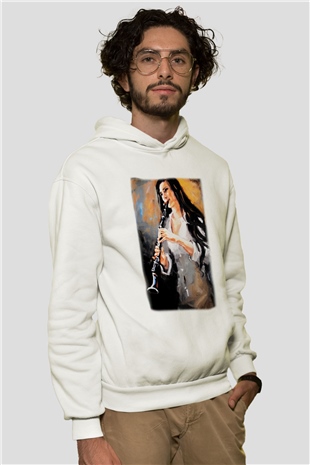 Klarnetçi Beyaz Unisex Hoodie