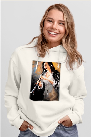 Klarnetçi Beyaz Unisex Hoodie