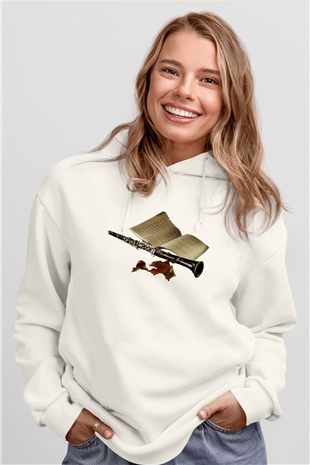 Klarnetçi Beyaz Unisex Hoodie