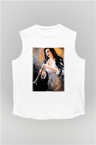 Klarnetçi Beyaz Unisex Kolsuz Tişört