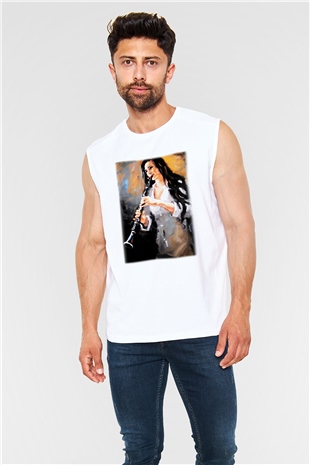 Klarnetçi Beyaz Unisex Kolsuz Tişört