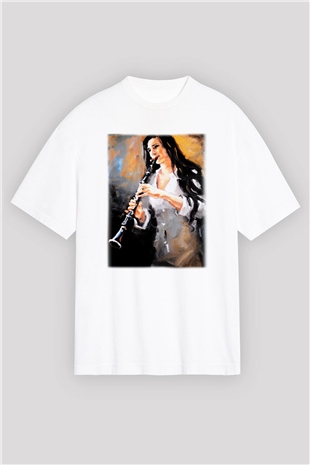 Klarnetçi Beyaz Unisex Oversize Tişört T-Shirt