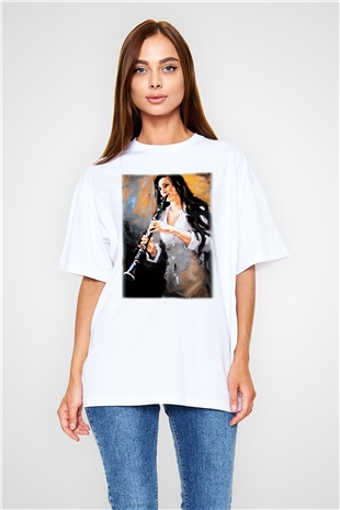 Klarnetçi Beyaz Unisex Oversize Tişört T-Shirt