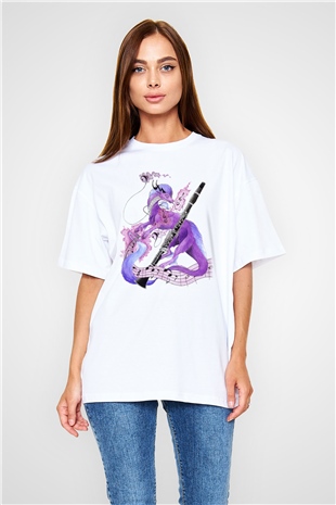 Klarnetçi Beyaz Unisex Oversize Tişört T-Shirt