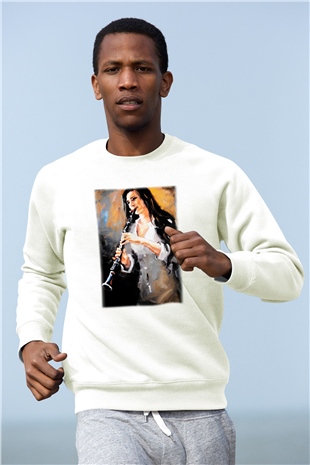 Klarnetçi Beyaz Unisex Sweatshirt