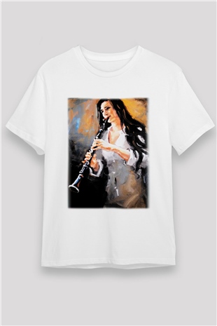 Klarnetçi Beyaz Unisex Tişört T-Shirt - TişörtFabrikası