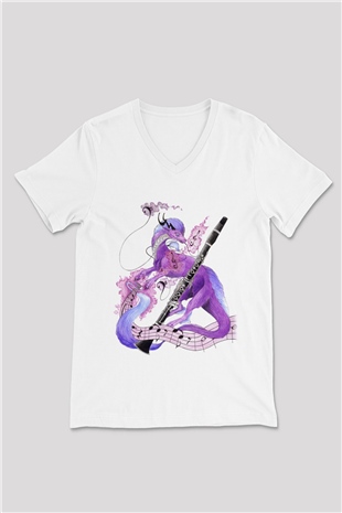 Klarnetçi Beyaz Unisex V Yaka Tişört T-Shirt