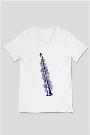 Klarnetçi Beyaz Unisex V Yaka Tişört T-Shirt