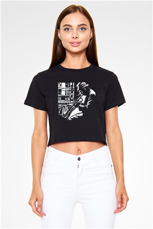 Klarnetçi Siyah Crop Top Tişört