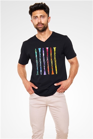 Klarnetçi Siyah Unisex V Yaka Tişört T-Shirt