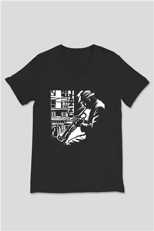 Klarnetçi Siyah Unisex V Yaka Tişört T-Shirt