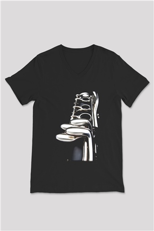 Klarnetçi Siyah Unisex V Yaka Tişört T-Shirt