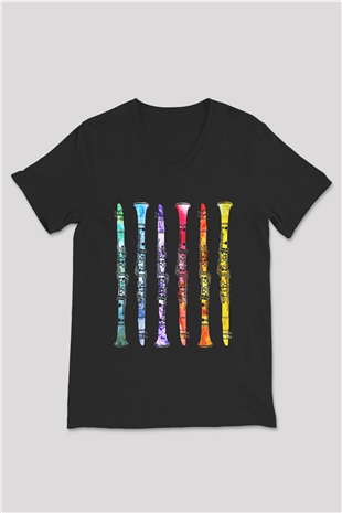 Klarnetçi Siyah Unisex V Yaka Tişört T-Shirt