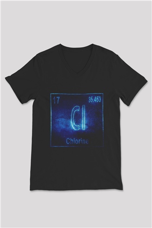 Klor Atom Numarası Baskılı Unisex Siyah V Yaka Tişört